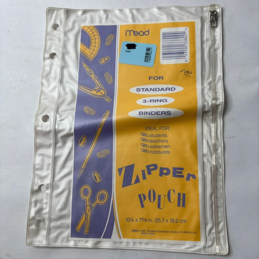 NEW VTG‎ 90s Mead Plastic White Zip Pouch Pencil Case for Binder Clear Front NOS